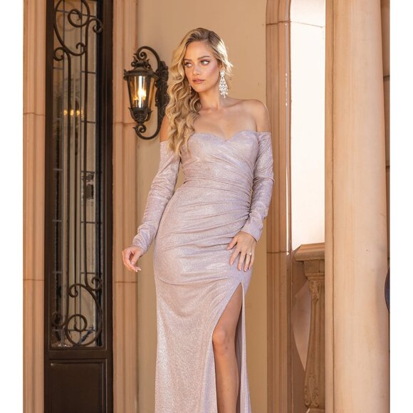 New Off Shoulder Sheath Glitter Prom Dress w/ Long Sleeves & Leg Slit DQ 4298 - Picture 3 of 9
